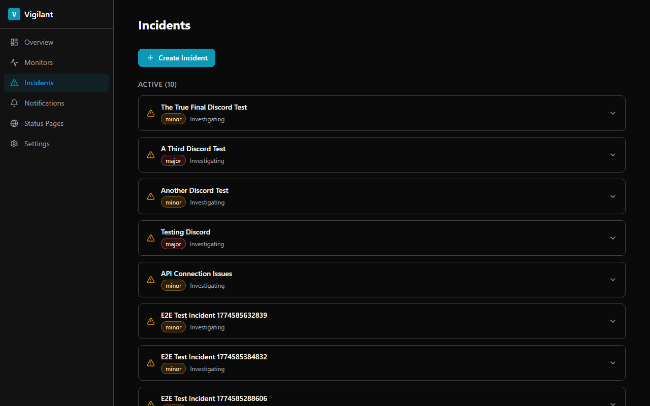 Vigilant incident manager listing active incidents with severity badges for minor and major issues, investigation status labels, and expandable detail panels