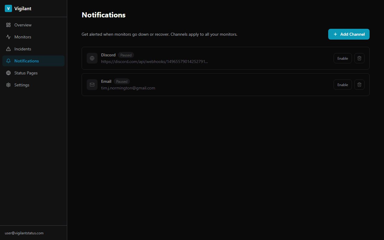 Vigilant notifications page showing configured alert channels for Discord webhooks and email with enable, pause, and delete controls